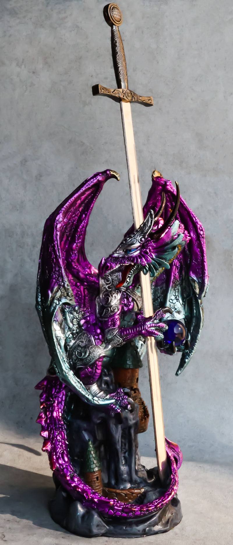 Purple Elite Knight Armored Dragon With Bronze Sword Letter Opener Figurine