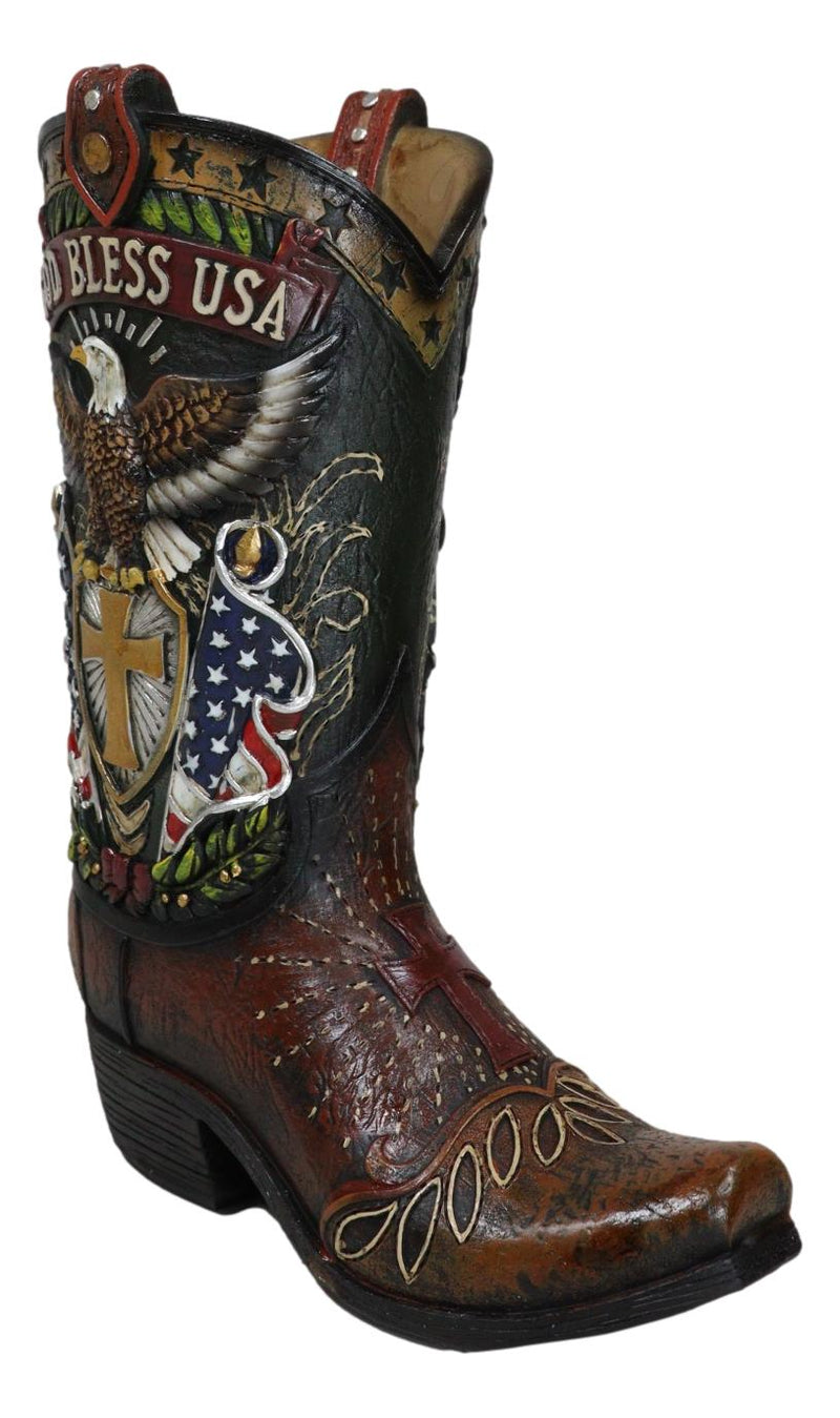 Rustic Western American Flag God Bless USA Eagle Seal Cowboy Boot Vase Planter