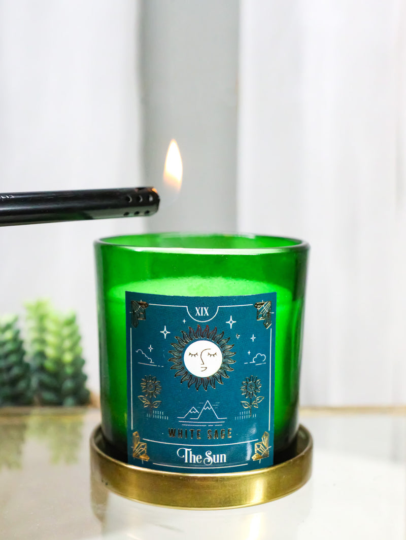 Wicca Witchcraft Mystic Tarot The Sun White Sage Scented Pillar Candle Gold Lid