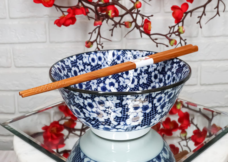 Ebros Japanese Vintage Floral Blue White Design Ceramic Bowl Set of 2 With Chopsticks