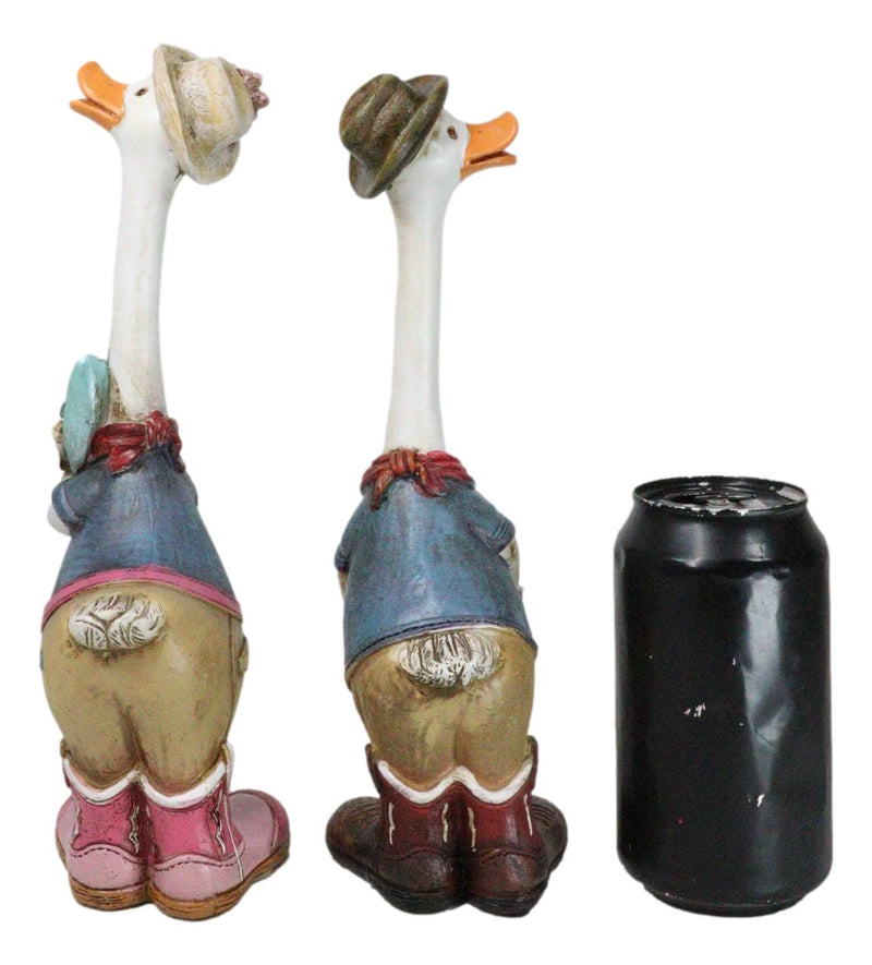 Set of 2 Western Cowboy Cowgirl Ducks With Hats Scarves And Boots Figurines
