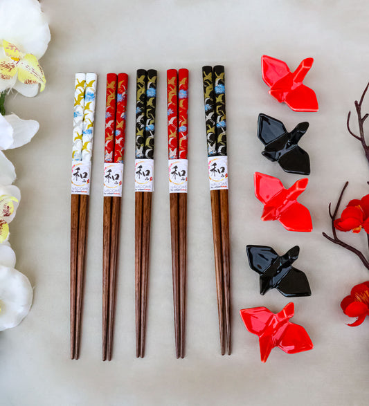 5 Pairs Of Red Black Japanese Cranes Ceramic Rests With Wooden Chopsticks Set