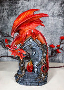 Medieval Red Dragon On Gothic Cathedric Tomb With Skulls LED Fire Flame Figurine