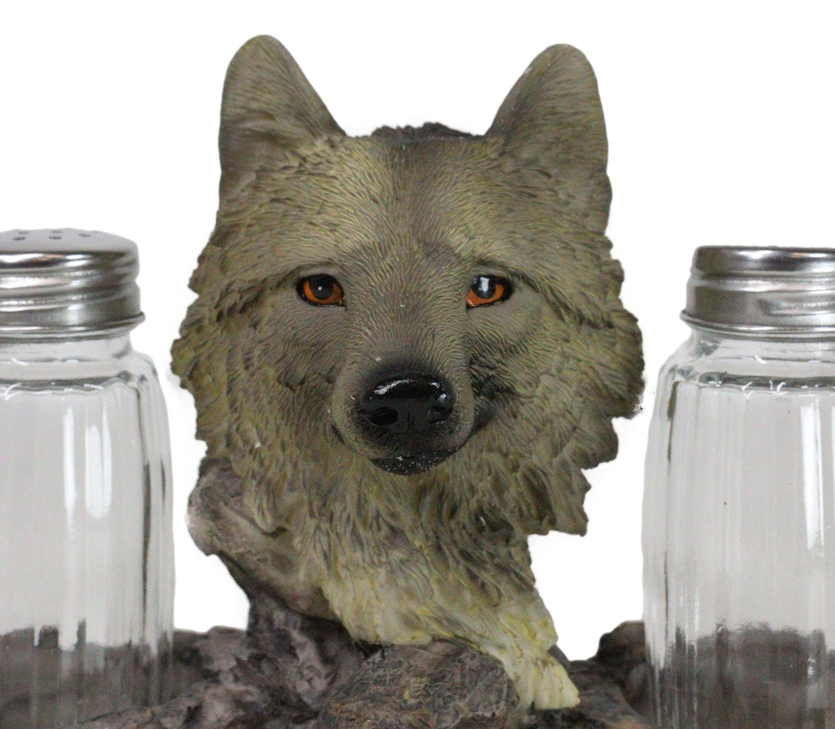 White Wolf Head By Woodlands Forest Glass Salt & Pepper Shakers Holder Figurine