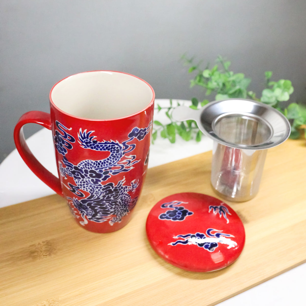 Red Oriental Dragon King 15oz Porcelain Tea Mug With Lid Stainless Steel Infuser