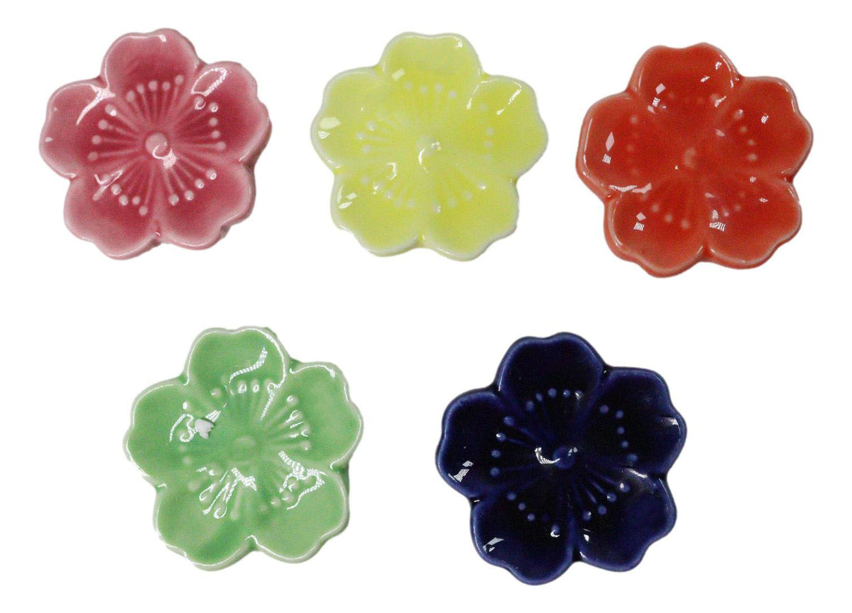 5 Pairs Of Sakura Cherry Blossoms Ceramic Rests With Wooden Chopsticks Set
