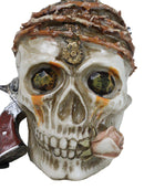 Macabre Pirate Captain Skull With Thorns Revolver Gun and Pink Rose Figurine