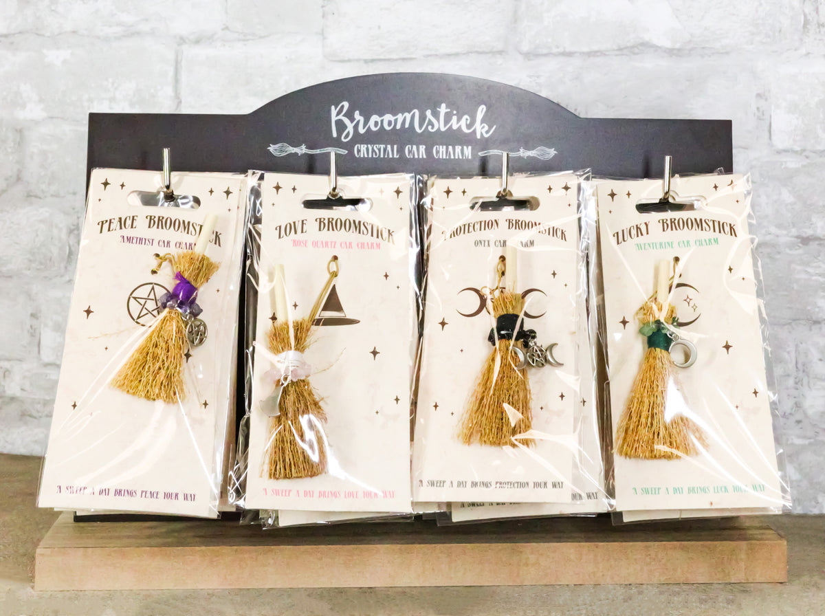 Pack of 24 Luck Peace Protection Love Crystal Broomsticks Car Charms With Stand