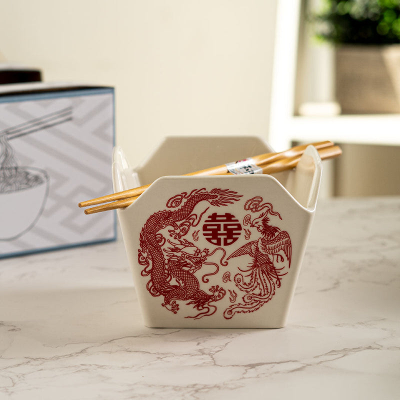 Dragon And Phoenix Feng Shui Takeout To Go Box Serving Bowl With Chopsticks Set