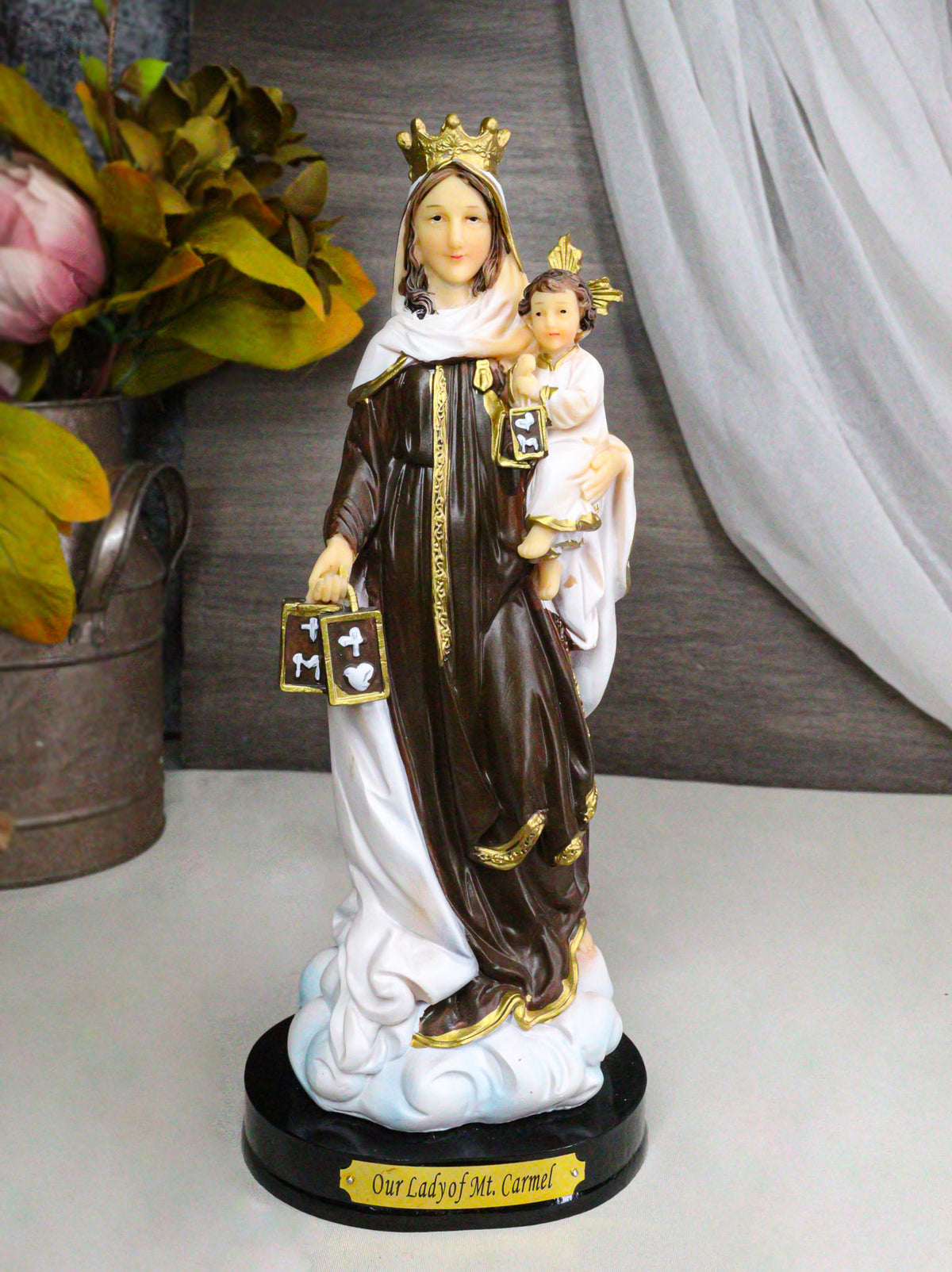 Our Lady of Mount Carmel Virgin Mary Carrying Child Jesus Figurine with Base