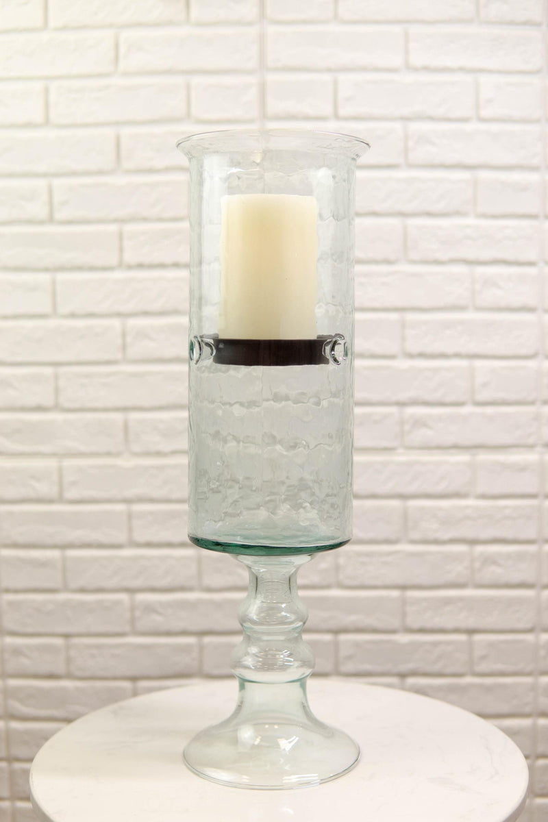 Contemporary Ribbed Cylinder Glass Pillar Candle Holder On Pedestal Stand 17"H