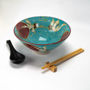 Red Moon Crane Ceramic Ramen Rice Bowl With Soup Spoon Chopsticks And Rest Set