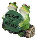 Welcome To Our Pad Green Frog Couple Sitting On Log With Lilypad Sign Figurine