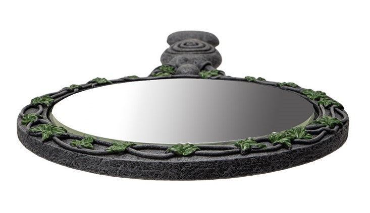 Wicca Triple Moon Spiral Goddess with Magical Ivy Leaves Sculptural Hand Mirror