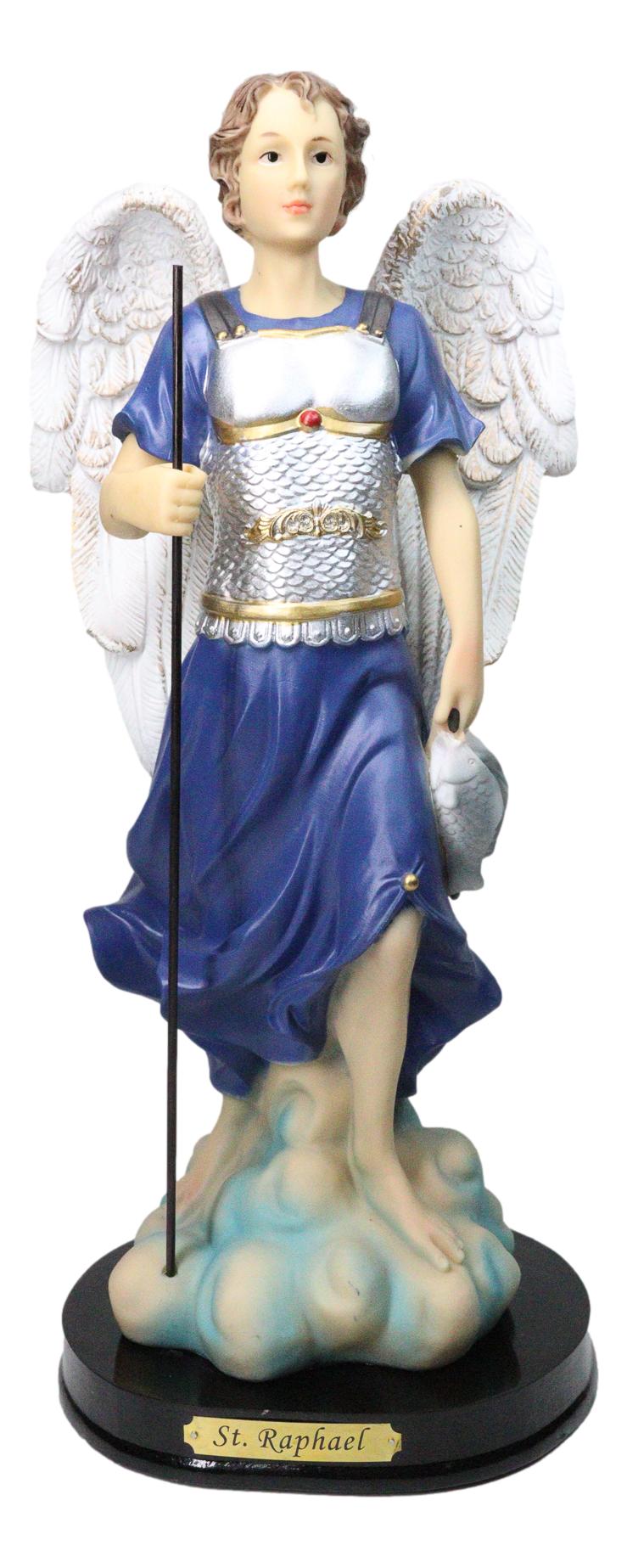 Archangel Saint Raphael Holding Staff And Fish Statue With Name Base 12"H - Ebros Gift