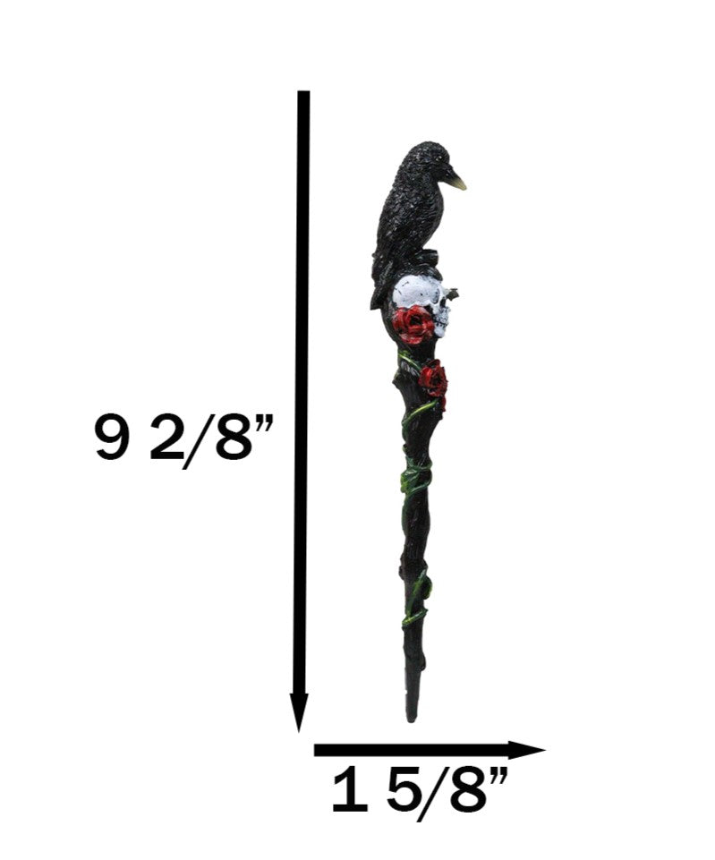 Fantasy Raven Crow Perching On White Skull with Rose Vines Decorative Magic Wand