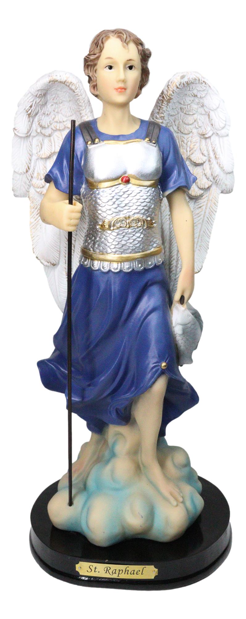 Archangel Saint Raphael Holding Staff And Fish Statue With Name Base 12"H - Ebros Gift