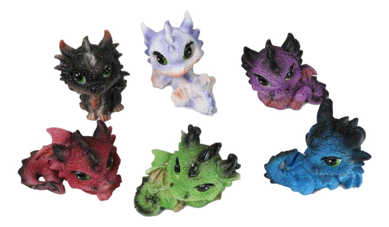 Set of 6 Fantasy Whimsical Colorful Hatchling Baby Dragons Mini Figurines