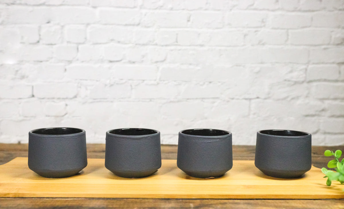 Gray Blue Modern Cylindrical Japanese Tetsubin Style Cast Iron Tea Cups Set of 4