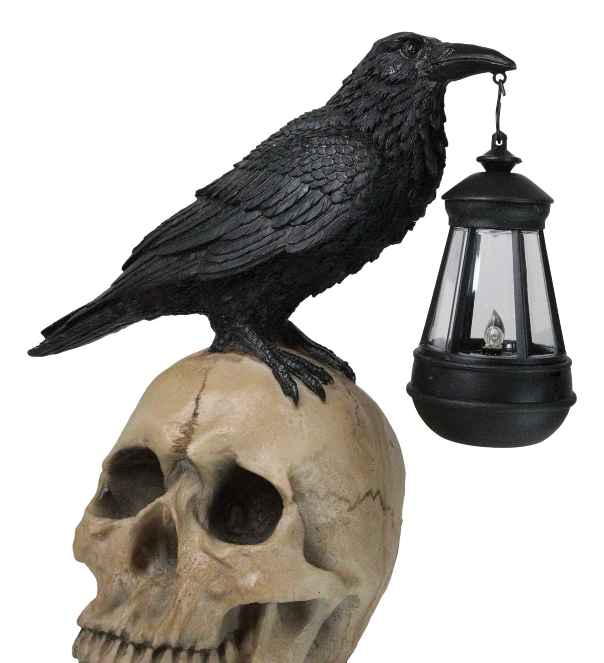 Ebros Edgar Corvus Raven Perching On Rose Skull Statue With Solar LED Lantern Light - Ebros Gift