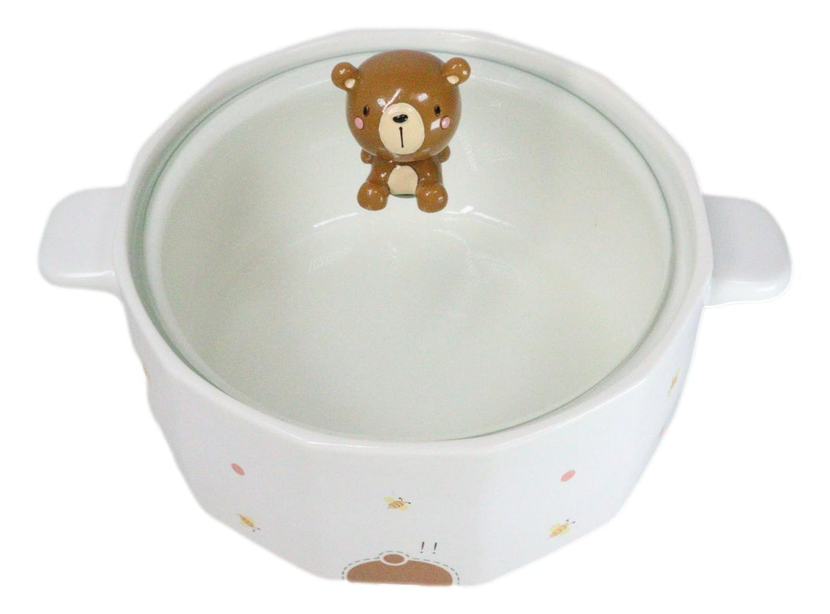 Ceramic Whimsical Honey Bees Bear 30oz Noodle Dessert Food Bowl W/ Glass Lid - Ebros Gift