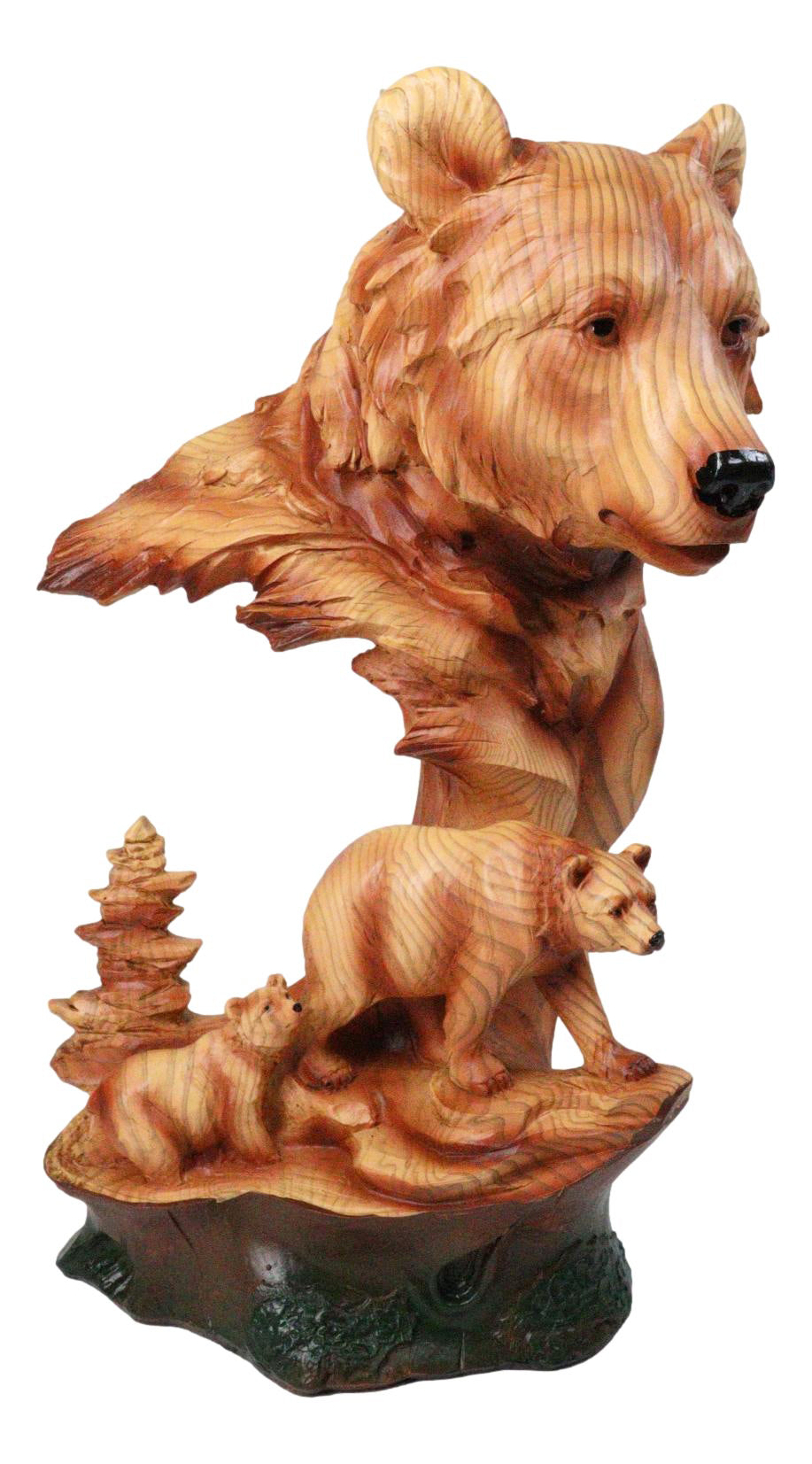 Bear Head with Cub Family Figurine Faux Wood Carved Look Black Bear Statue