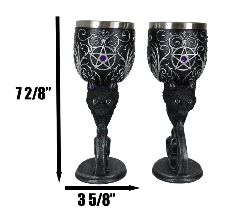 Set Of 2 Wicca Black Cats Familiars Love Hex Of The Heart Pentagram Wine Goblets