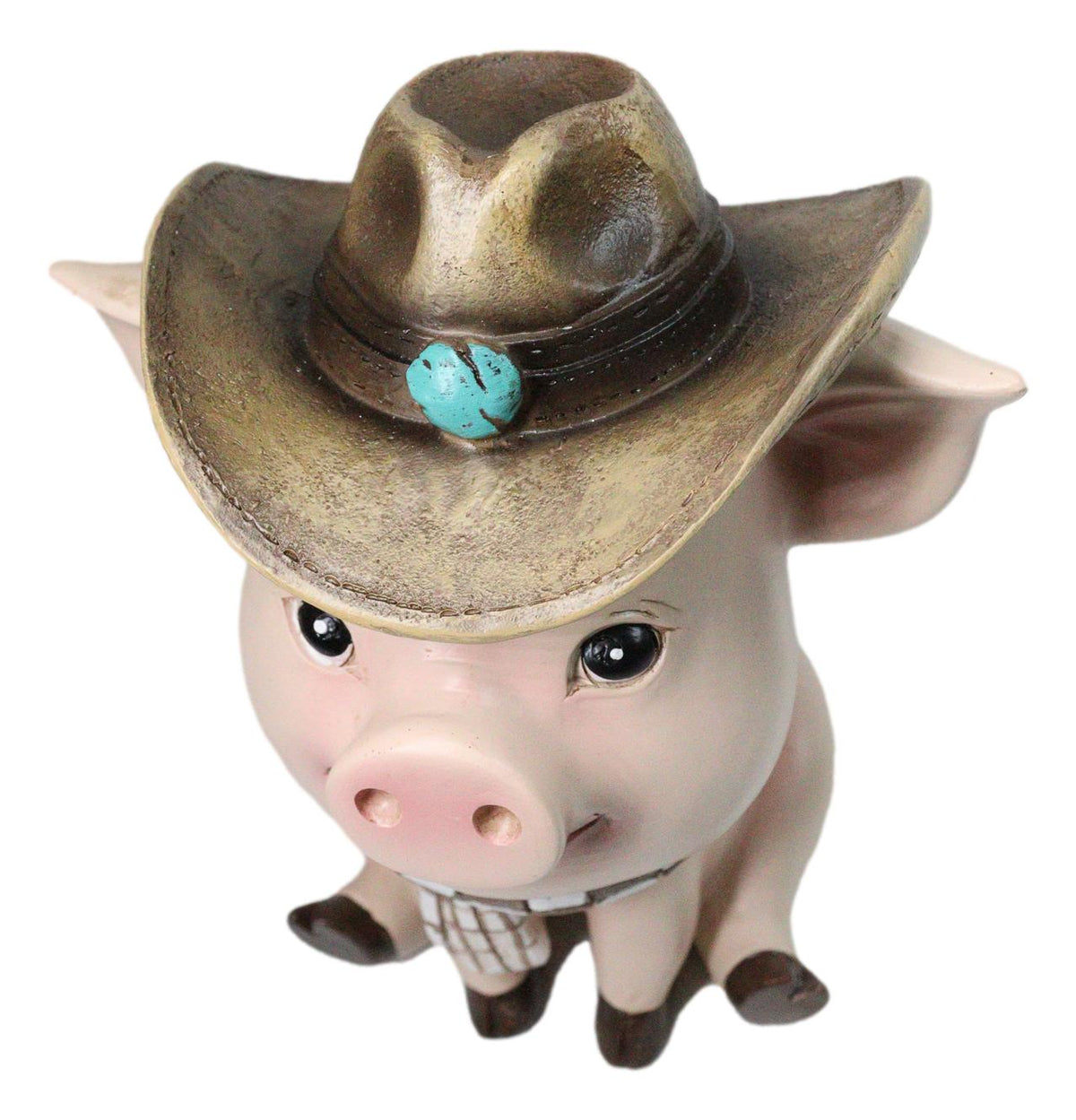 Rustic Western Comical Sitting Pig with Turquoise Cowboy Hat and Scarf Figurine