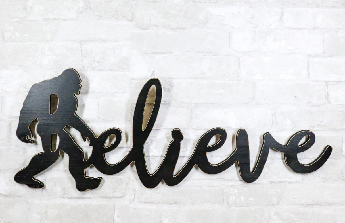 Legend Bigfoot Sasquatch Big Foot Believe Word Sign Cutout MDF Wood Wall Decor
