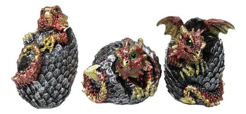 Set of 12 Metallic Red Green Purple Blue Baby Dragons In Eggs Mini Figurines