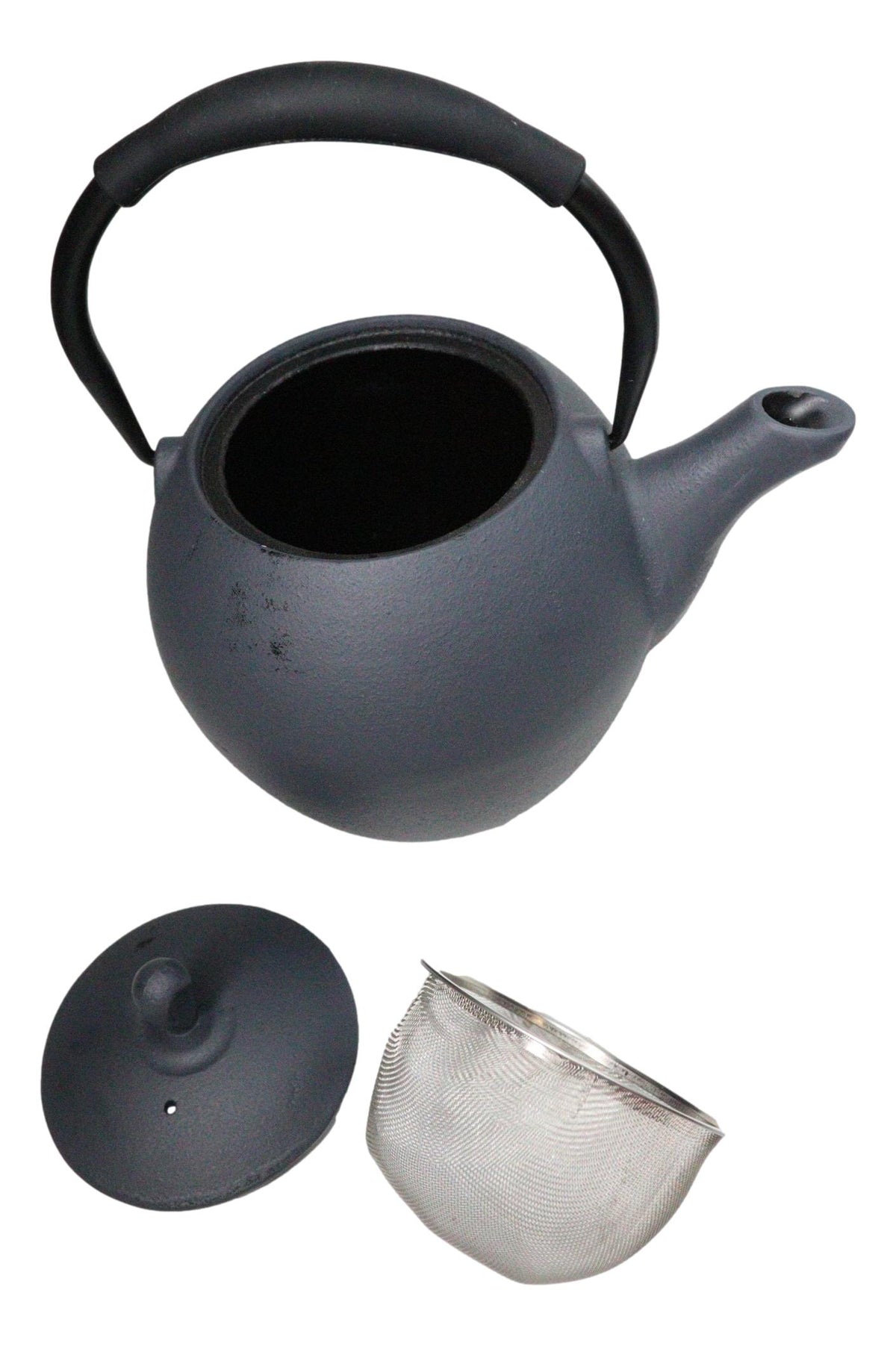 Dark Gray Textured Round Tetsubin Large Cast Iron Teapot With SS Strainer 44oz