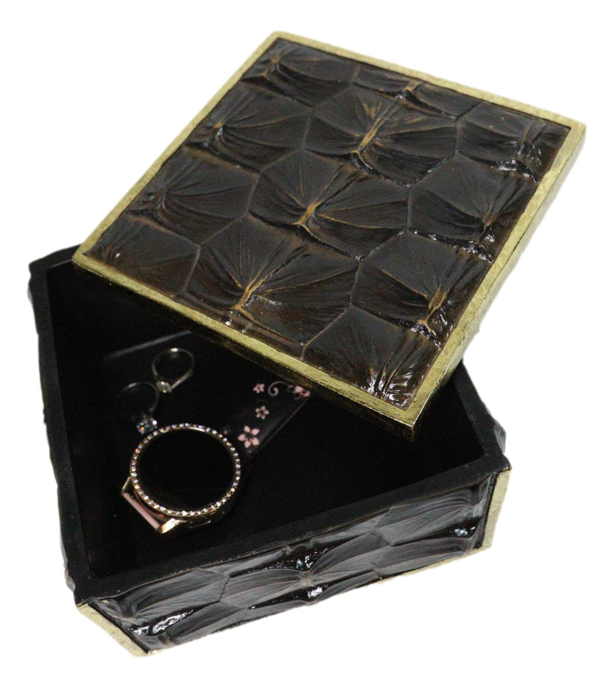 Faux Turtle Shell Print With Gold Trim Small Jewelry Trinket Box Figurine 5" L