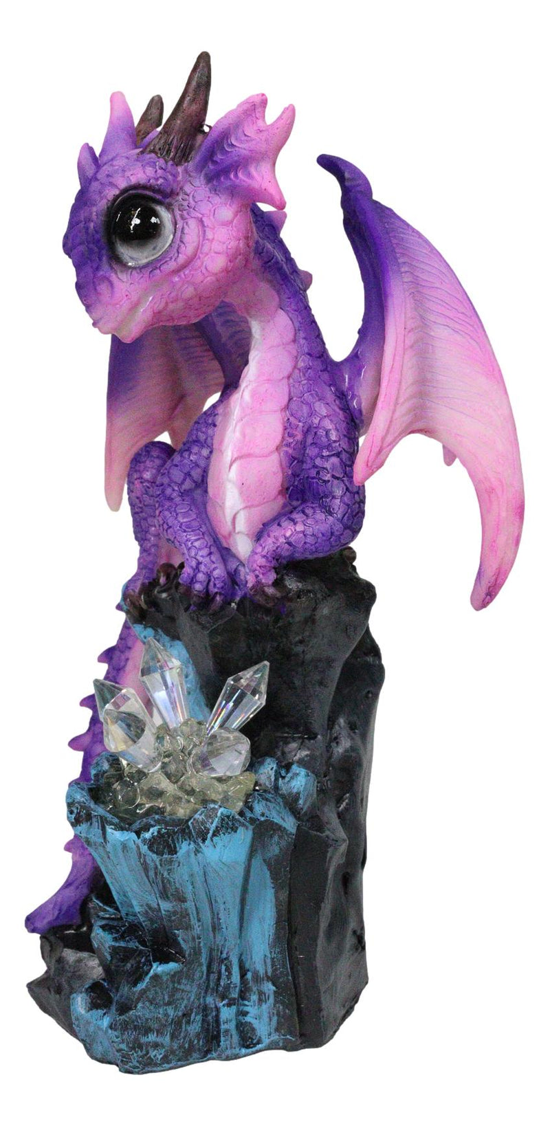 Whimsical Adorable Purple Dragon Perching On LED Crystal Cave Rocks Figurine