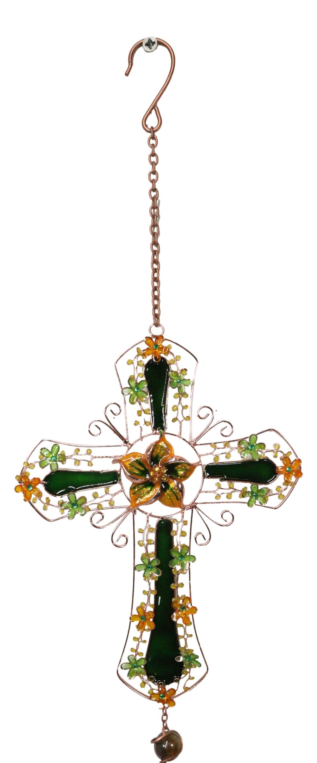 Green Floral Shamrock Cross with Gemstones Metal Scroll Filigree Wind Chime 31"H