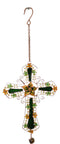 Green Floral Shamrock Cross with Gemstones Metal Scroll Filigree Wind Chime 31"H