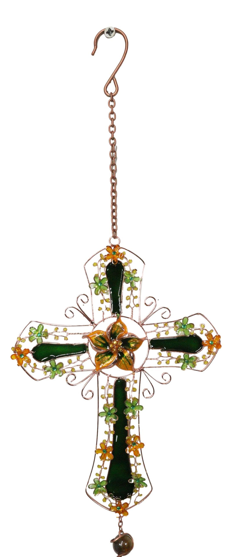Green Floral Shamrock Cross with Gemstones Metal Scroll Filigree Wind Chime 31"H