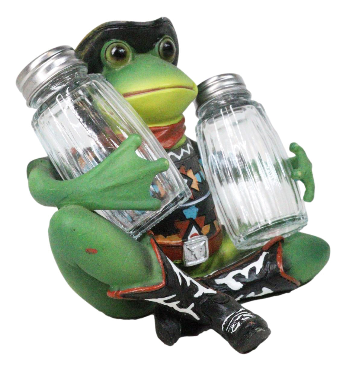 Cowboy Toad Frog With Hat Boots And Southwest Serape Salt Pepper Shakers Holder