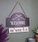 Witchcraft Welcome The Witch is in Crossed Broomsticks Wooden Wall Sign Decor