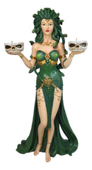 Large Greek Gorgon Goddess Medusa In Green Gown Dual Votive Candleholders Statue