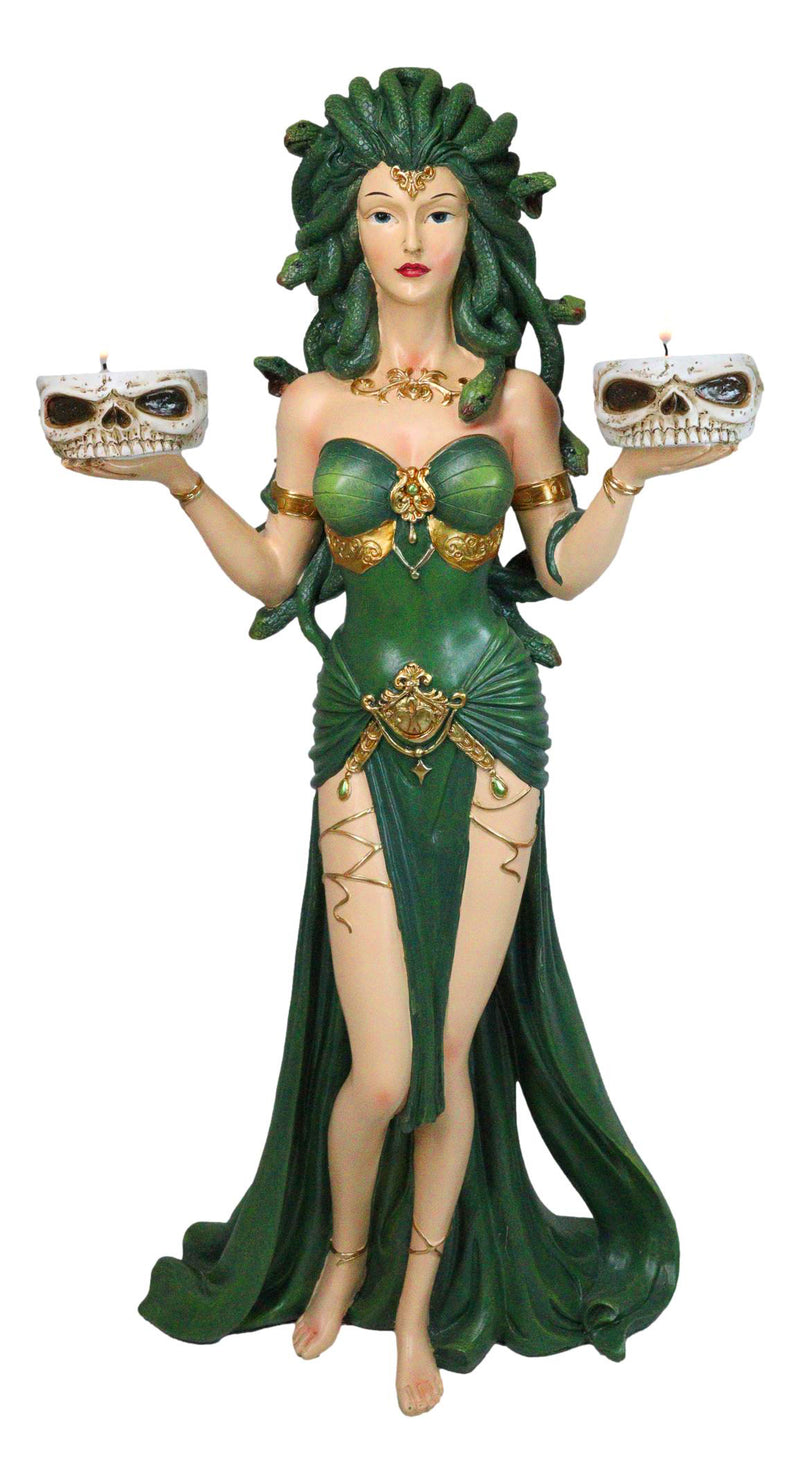 Large Greek Gorgon Goddess Medusa In Green Gown Dual Votive Candleholders Statue