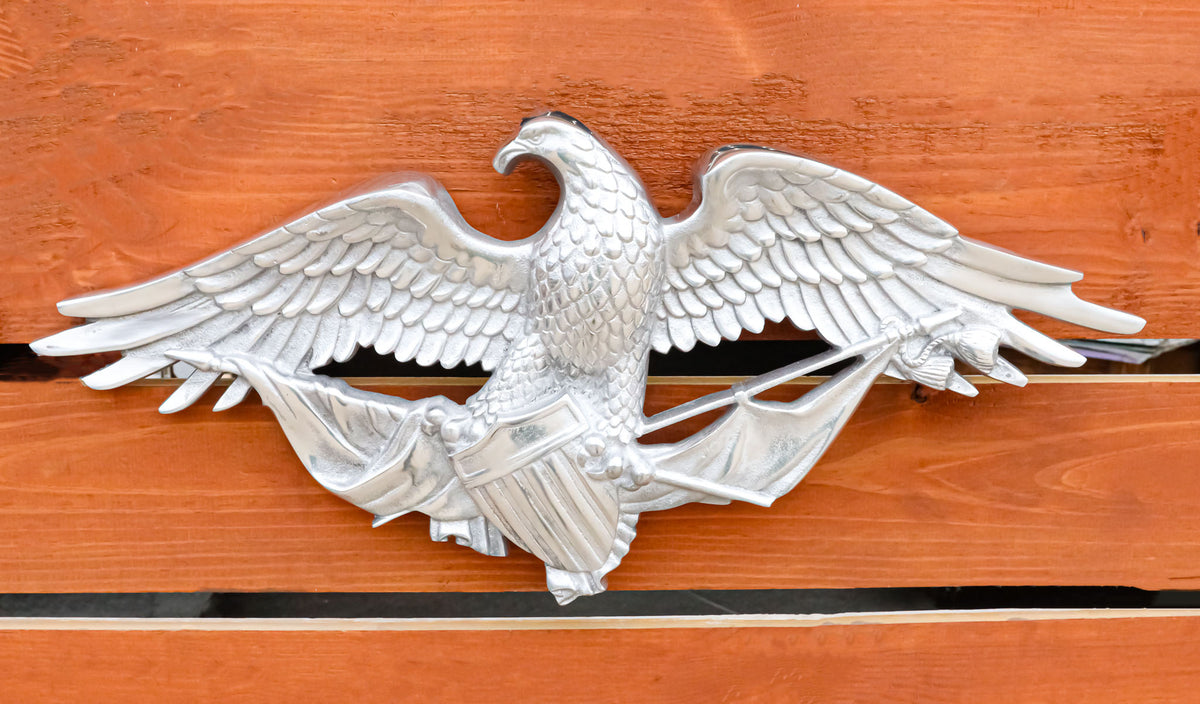 Large 26" Polished Aluminum Bald Eagle Clutching USA Flags And Crest Wall Decor