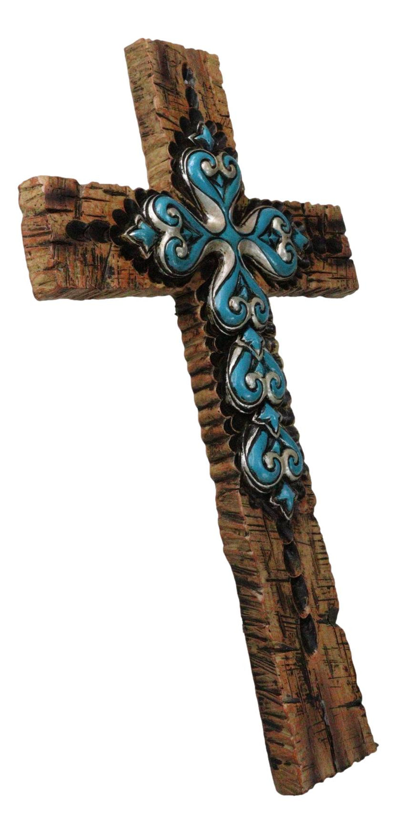 Handmade Turquoise Horseshoe Wall Cross - Rustic Faux Weathered Wood, 12.5" Layered 3D Decor