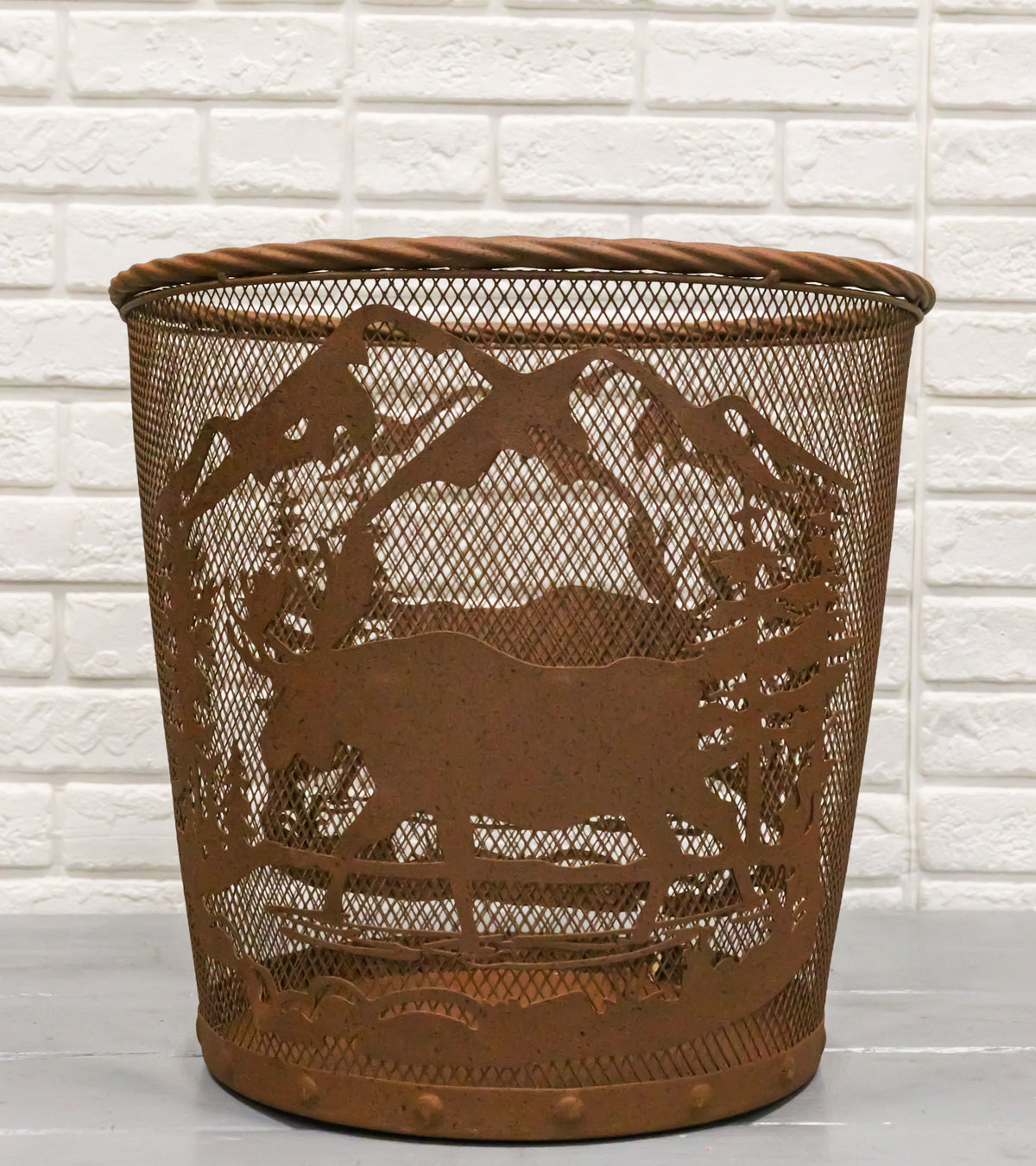 Rustic Deer Moose By Pine Forest Mountains Metal Wire Waste Basket Trash Bin - Ebros Gift