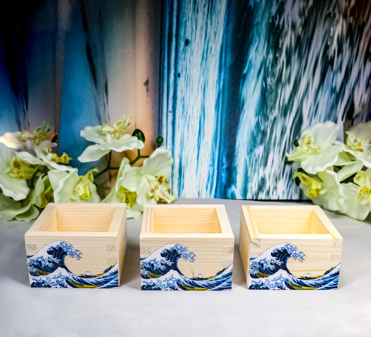 Set Of 3 Great Wave Of Kanagawa Hokusai Traditional Masu Square Box Sake Cups