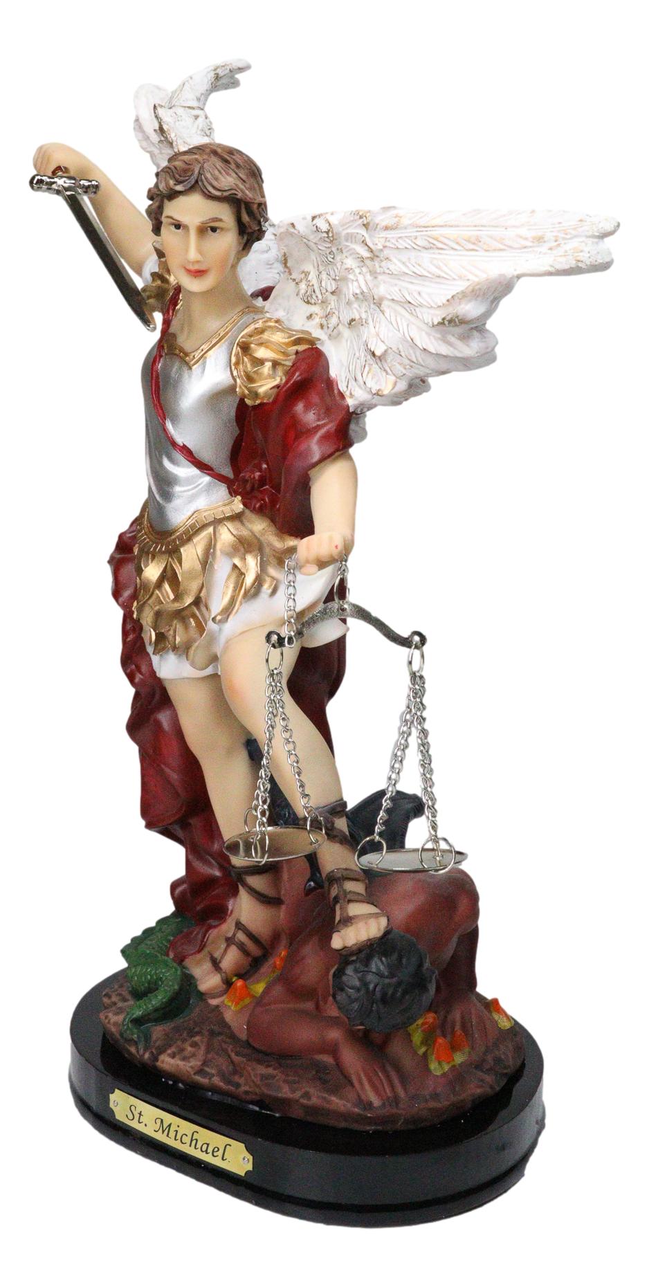 Archangel Saint Michael Trampling Satan With Sword and Scales of Justice Statue