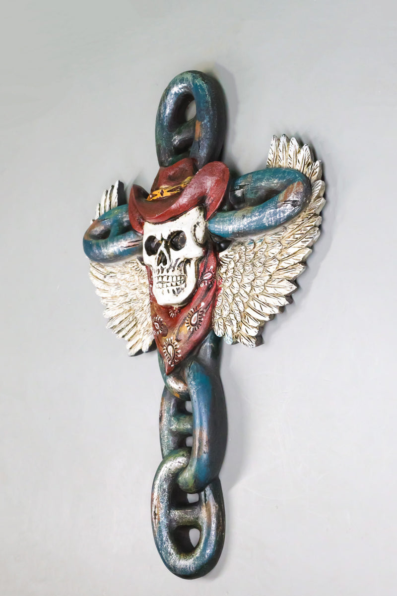 Gothic Angel Winged Cowboy Skull With Red Scarf Prison Shackle Chains Wall Cross
