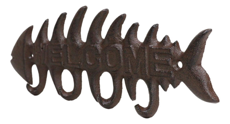 Cast Iron Rustic Fishbone Fish Bone Marine Coastal 4 Pegs Wall Hook Welcome Sign