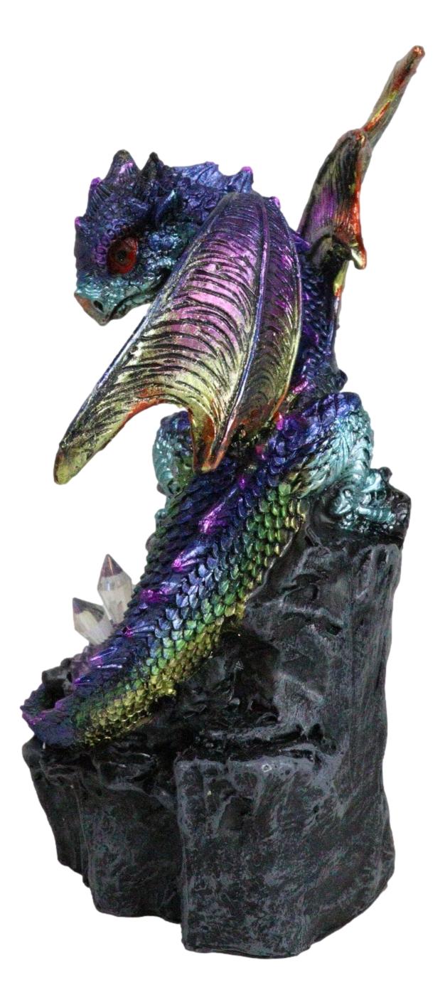 Green Blue Gold Galaxy Baby Dragon On Faux Geode LED Crystals Rock Figurine