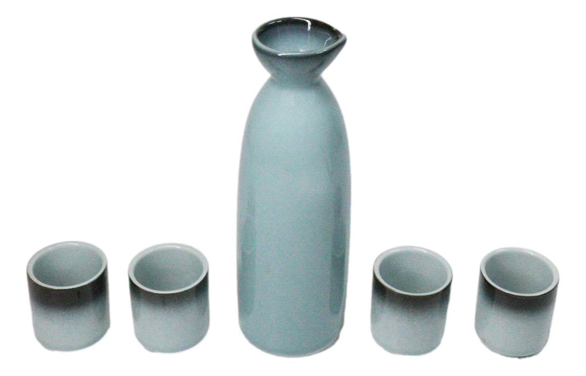 Blue Sky And Stars Seikai Porcelain Sake Carafe Flask 9oz & 4 Ochoko Cups Set