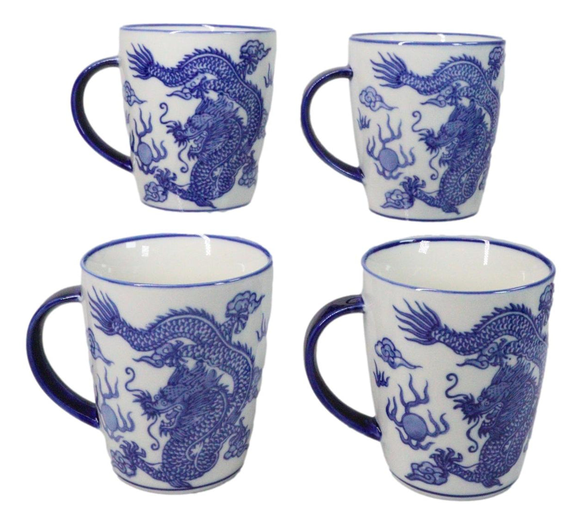 Pack Of 4 Japanese Blue And White Ryu Dragon King Porcelain Mug Cups 12oz